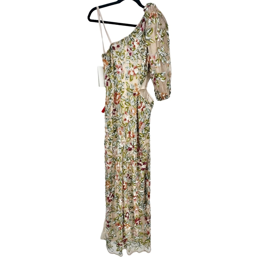 Mac Duggal One Shoulder Floral Embellished Gown Nude Multi Size 10 NWT - Picture 6 of 12